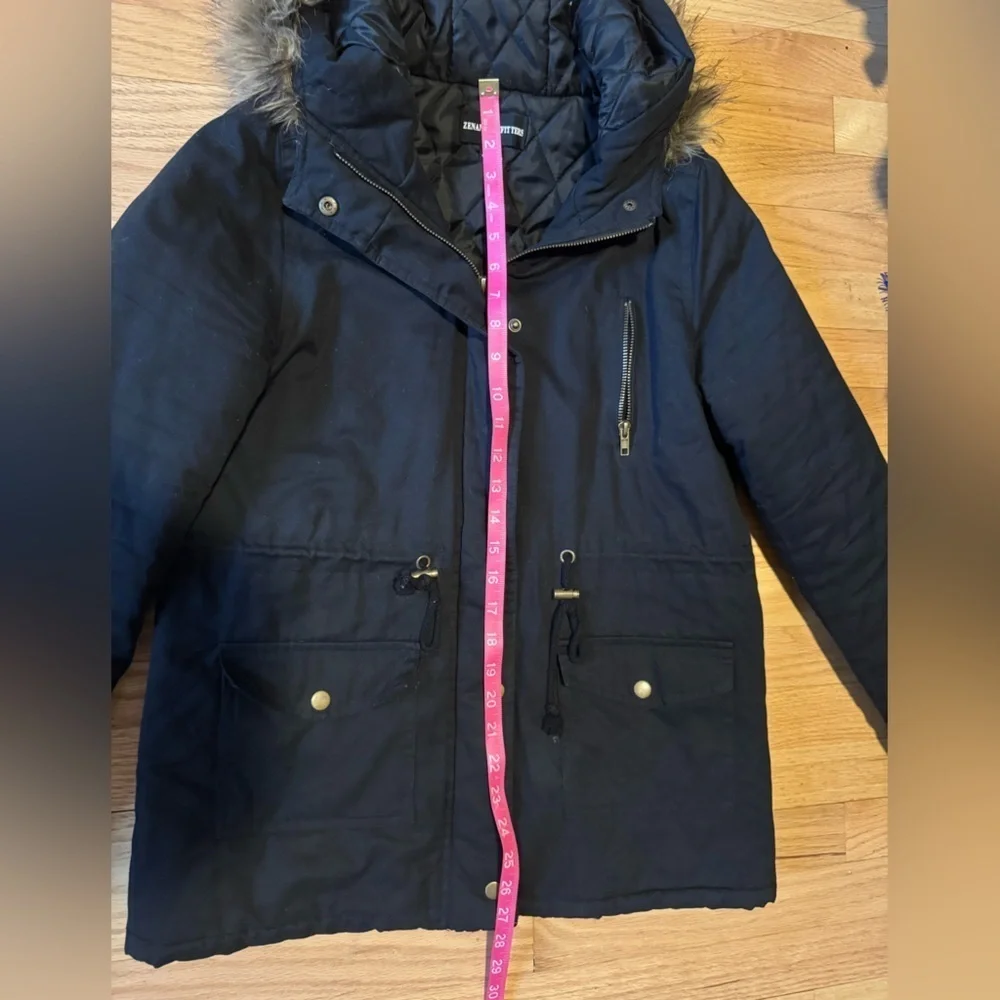 Zenana outfitters Black parka Jacket with Fur-Trimmed Hood, size medium